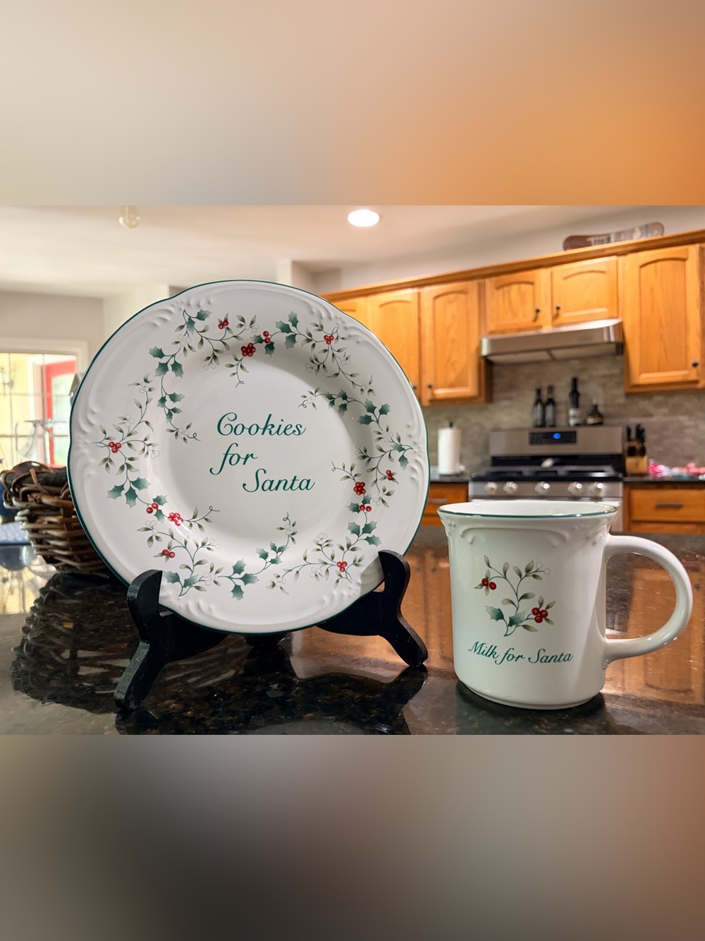 Cookies for Santa Ceramic Plate and Milk Canister Set - White with Green Holly